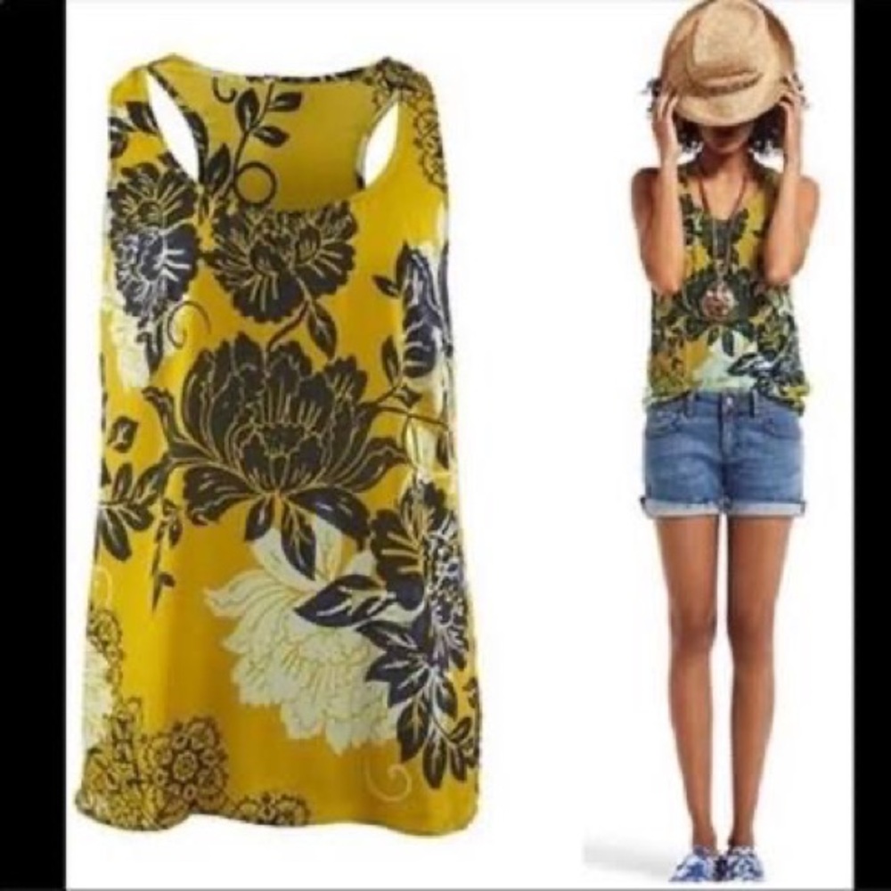 Cabi #286 Bali Yellow Floral Print Silk Tank Top Round Neck Blouse Size Small